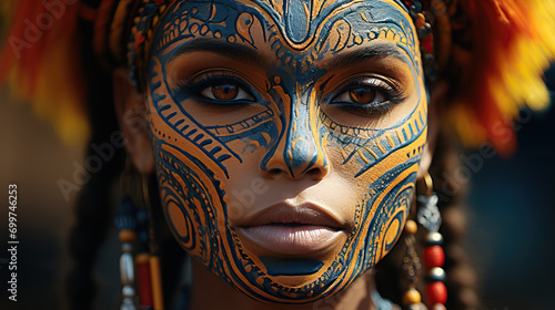Pride in Tradition: Confident African Woman Wearing Traditional Tribal Face Paint, Symbolizing Strength, Heritage, and a Deep Connection to Cultural Identity. © Lila Patel
