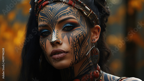 Pride in Tradition: Confident African Woman Wearing Traditional Tribal Face Paint, Symbolizing Strength, Heritage, and a Deep Connection to Cultural Identity. photo