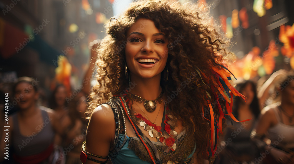 Samba Celebration: Black Woman Dancing Samba in a Carnival Parade, Radiating Energy and Grace in the Vibrant Rhythm of the Festivities