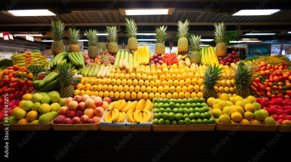 Shelf with fruits in food supermarket