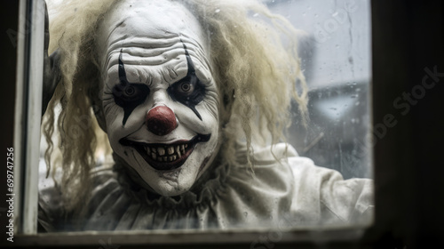 Evil ghost clown looking in window photo