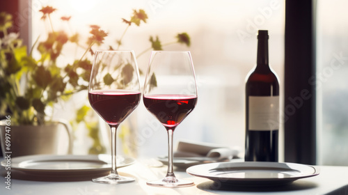 Glasses of red wine on restaurant table
