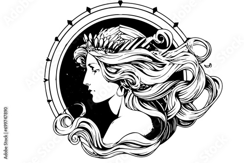 Aphrodite head hand drawn ink sketch. Engraved style vector illustration