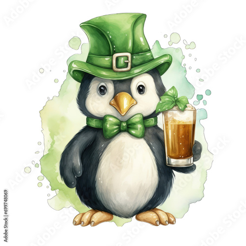 Penguin dressed as a St patricks day leprechaun  watercolor style. Transparent background
