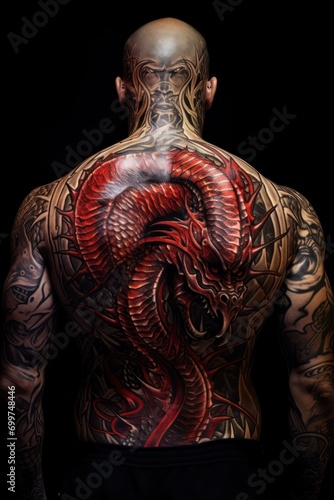 back view of a man with a huge dragon tattoo - ai-generated