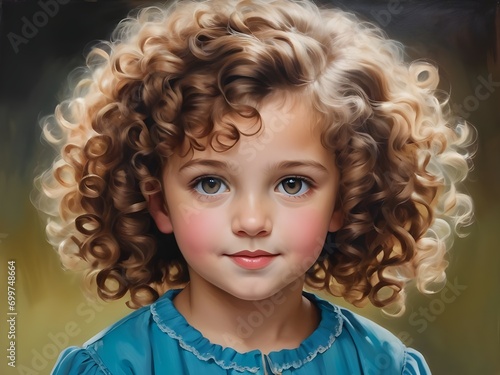 Young girl with curly hair. Portrait painting. Generative AI