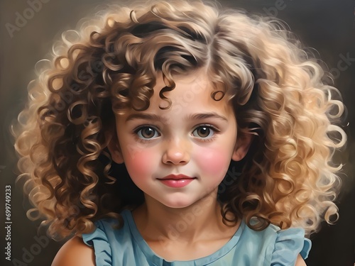 Young girl with curly hair. Portrait painting. Generative AI