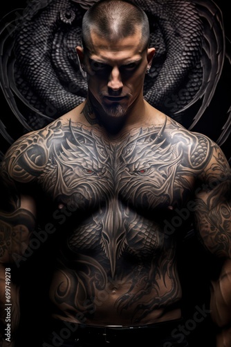 portrait of a man with a huge dragon tattoo - ai-generated