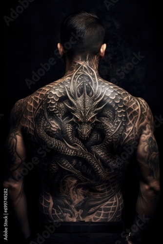 back view of a man with a huge dragon tattoo - ai-generated