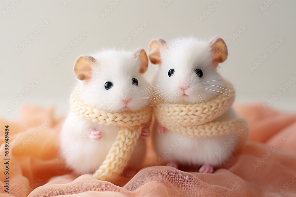cute chubby little baby Hamsters wearing tightly knit - obrazy, fototapety, plakaty 