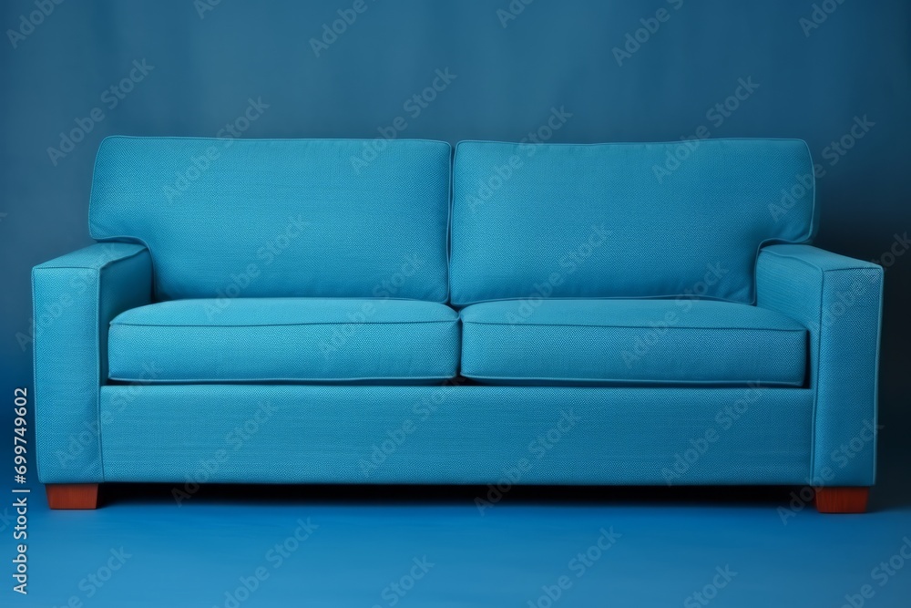 This image showcases a modern blue sofa with a textured fabric sitting against a monochromatic blue backdrop. The couch features clean lines and minimalist design, signifying contemporary comfort and This image showcases a modern blue sofa with a textured fabric sitting against a monochromatic blue backdrop. The couch features clean lines and minimalist design, signifying contemporary comfort and