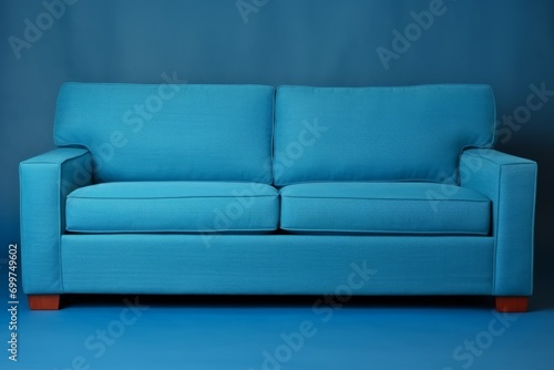 This image showcases a modern blue sofa with a textured fabric sitting against a monochromatic blue backdrop. The couch features clean lines and minimalist design, signifying contemporary comfort and