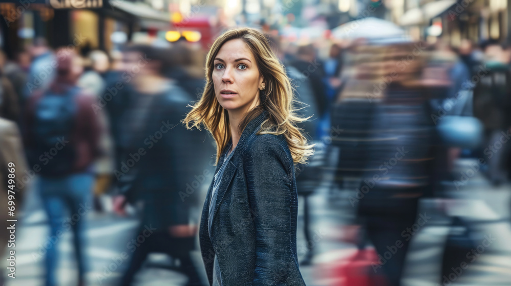 A girl advancing in a crowd of people A girl advancing in a crowd of people