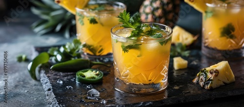 Cinco de Mayo cocktail with spicy pineapple, cilantro, and jalapeno, served on a black surface, made with Mexican mezcal or margarita mix, is a refreshing beverage.
