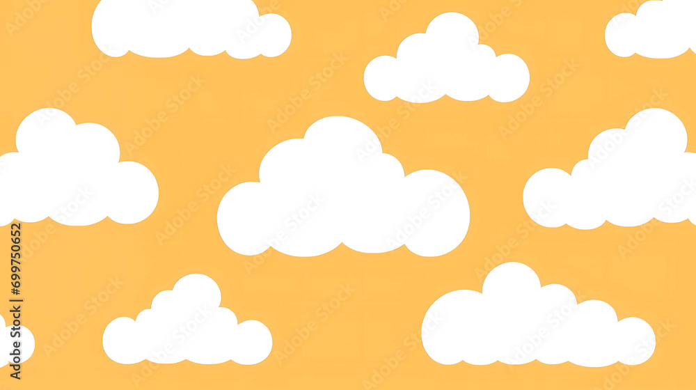 White clouds on a yellow background. soft round cartoon fluffy clouds seamless wallpaper, mural, background crafts, paper, scrapbooking, artwork, wall mural