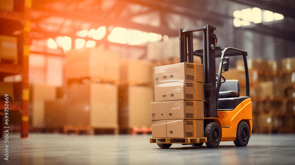 Orange and black forklift truck lifting wooden pallet full of cartoon boxes in a warehouse full of containers and packages. Industrial storage vehicle doing product distribution, storehouse logistics Orange and black forklift truck lifting wooden pallet full of cartoon boxes in a warehouse full of containers and packages. Industrial storage vehicle doing product distribution, storehouse logistics