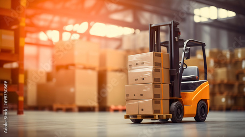 Orange and black forklift truck lifting wooden pallet full of cartoon boxes in a warehouse full of containers and packages. Industrial storage vehicle doing product distribution, storehouse logistics