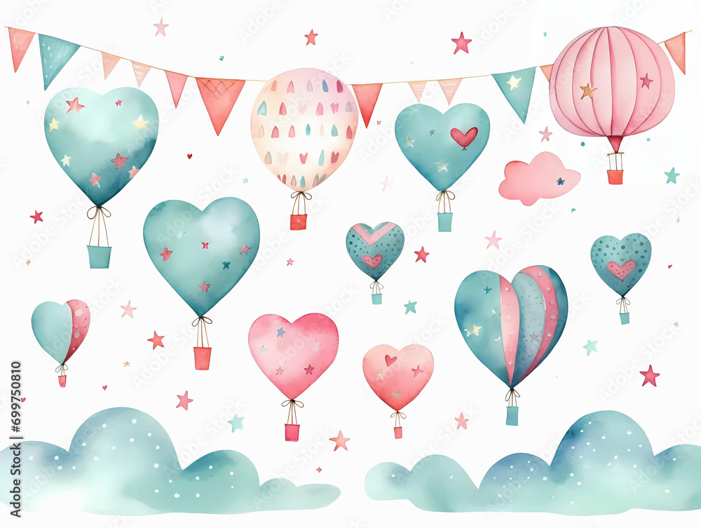 Watercolor heart shaped balloons, pendant bunting flag and clouds for baby announcement, shower, invitations, crafts