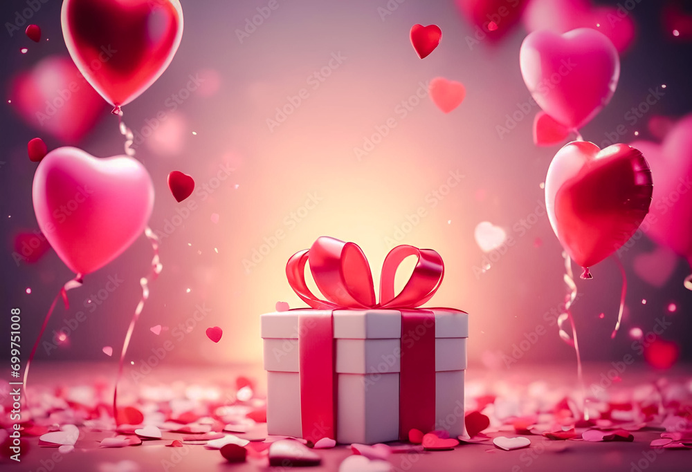 Romantic gift box with red ribbon among floating hearts and petals on a dreamy pink background.