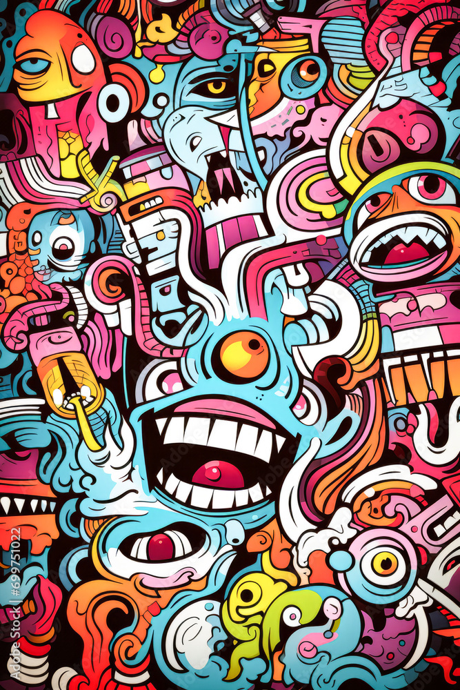 Colorful doodle cartoon monster art background. Funny characters.