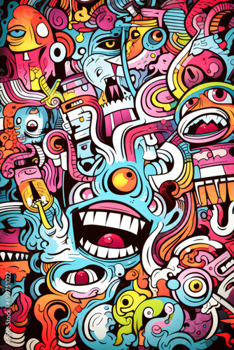 Colorful doodle cartoon monster art background. Funny characters.