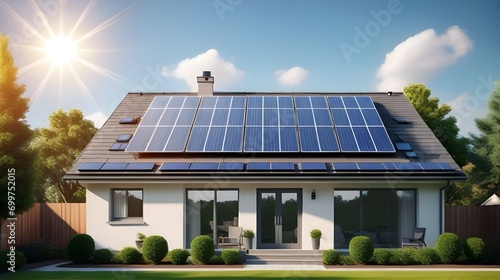 suburban house with a photovoltaic system on the roof. house with landscaped yard. Solar panels on the gable roof  photo