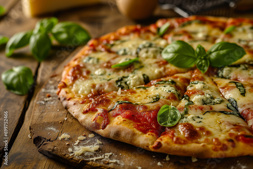 A close-up of a gourmet four cheese pizza with melted mozzarella, gorgonzola, parmesan, and ricotta, garnished with fresh basil leaves, on a rustic wooden table
