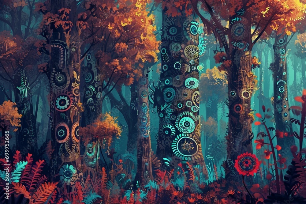 : A surreal forest of tribal patterns, where each tree is a unique composition of shapes and symbols