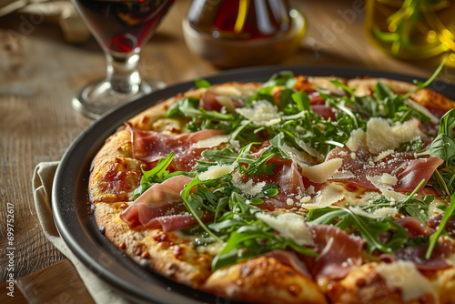 A gourmet Prosciutto pizza with thinly sliced prosciutto, arugula, and shaved Parmesan, served on a classic round pizza tray, accompanied by a glass of red wine and a small bowl of olive oil