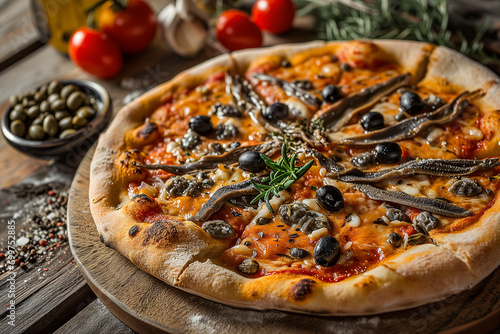 A savory Napoli pizza featuring anchovies, capers, and black olives, served on a traditional terracotta pizza stone, with a side of anchovy fillets and a small bowl of capers
