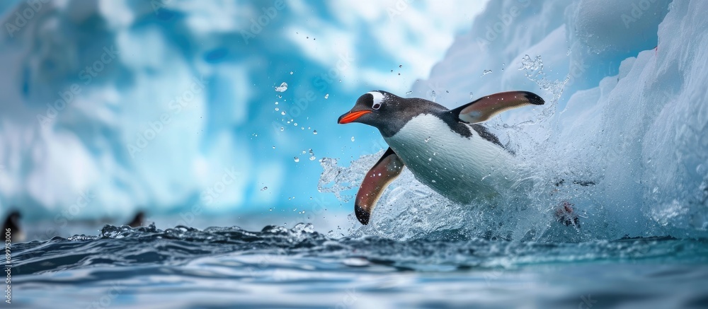 Antarctic Gentoo penguin diving into the ocean from an iceberg. - obrazy, fototapety, plakaty 