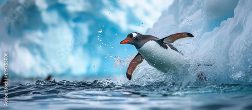 Antarctic Gentoo penguin diving into the ocean from an iceberg.