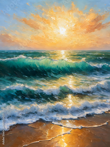 Beautiful seascape with sea waves and sunset. Digital painting photo
