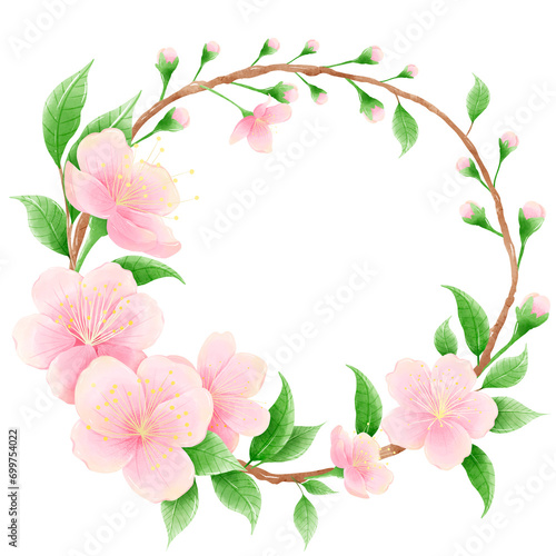 Watercolor hand drawn illustration of Cherry Blossom sakura frames wreaths border spring time pink blooming flowers