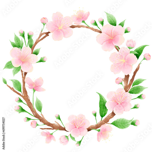 Watercolor hand drawn illustration of Cherry Blossom sakura frames wreaths border spring time pink blooming flowers