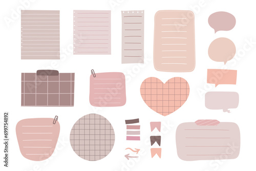 Collection of pastel colored paper notes. Blank banners, planner sticky notes for to-do-list, paper sheets, speech bubbles and bookmarks. Vector illustration