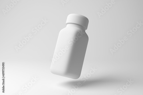 Photography White small bottle floating in mid air on white background in monochrome and minimalism