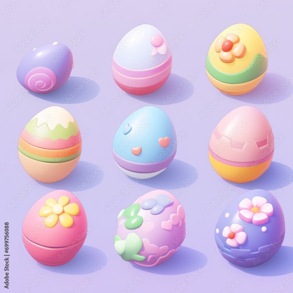 Set of Easter eggs in pastel colors on a purple background.