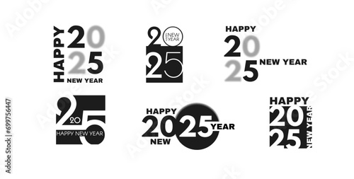 2025 Happy New Year text logo design. Holiday header. Black and white number. Typographic design.