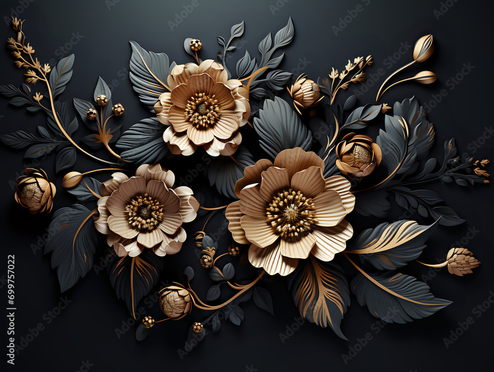 golden and black floral background with flowers