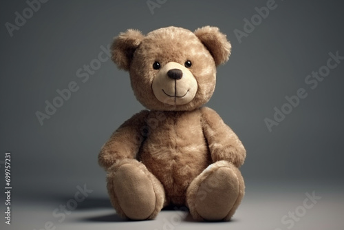 Cute looking fluffy teddy bear toy sitting on plain background with copy space