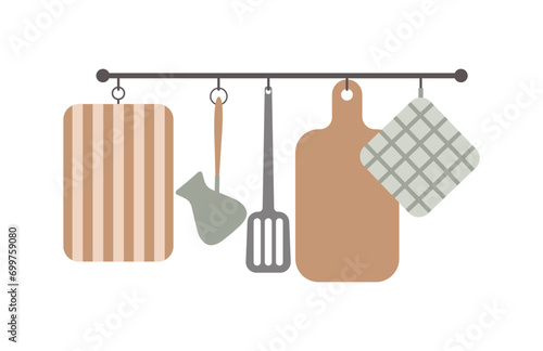 Kitchen items. Cutting boards, spatula, potholder, Turk. Vector illustration.
