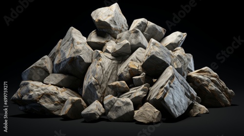 A pile of stones on a black background. Rocks piled up