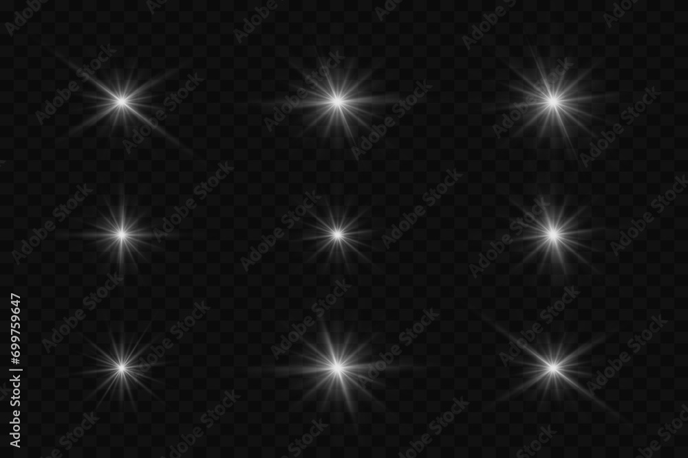 A collection of bright stars and moments. The effect of flashing rays and flickering highlights. On a transparent background. - obrazy, fototapety, plakaty 