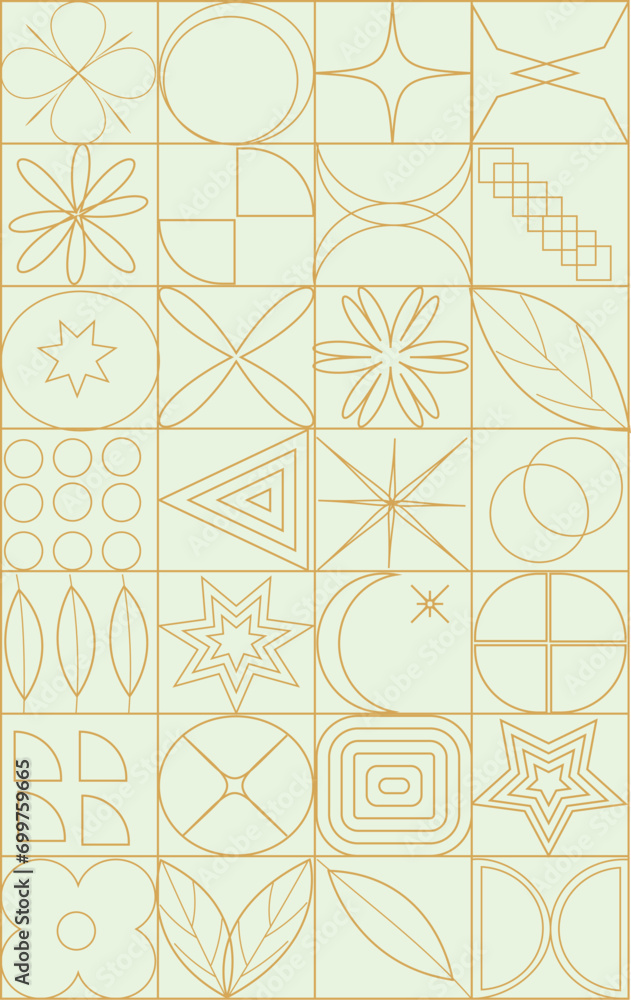 geometric pattern, Bauhause gold pattern, star, circle, leaves, flowers,moon, 