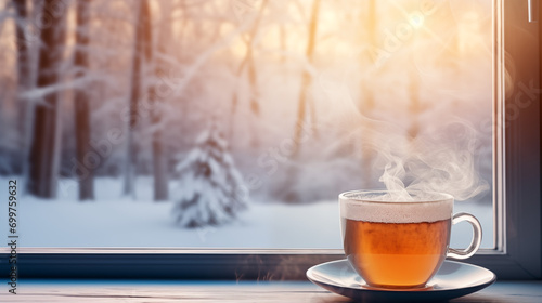 Hot tea in a clear mug, steam rising, snowy window background
