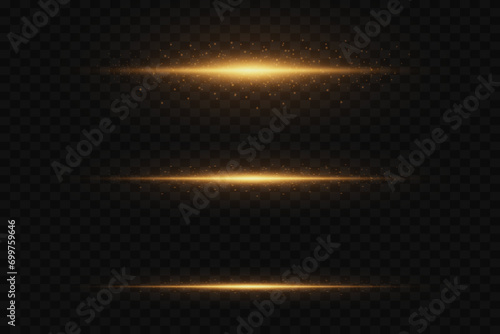 Set of horizontal highlights. Laser beams of light. Flash effect, explosion of light, sparkle of a solar spark. Luminous transparent background. photo