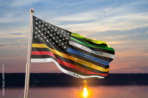 Thin Line First Responder flag against the sunset. 3d-rendering photo