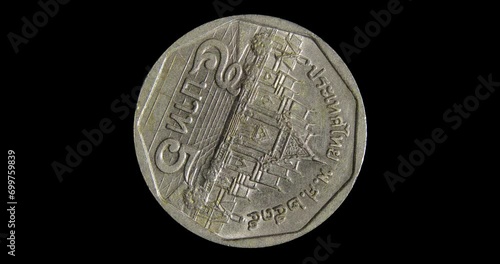 Reverse of Thailand coin 5 baht 1992 with  inscription meaning 5 BAHT THAILAND. Close up view.