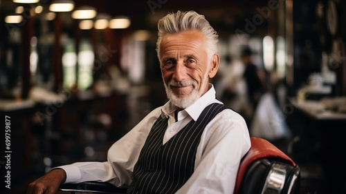 Barber shop for social pensioner, happy hipster elder man with haircut in retro barbershop background.